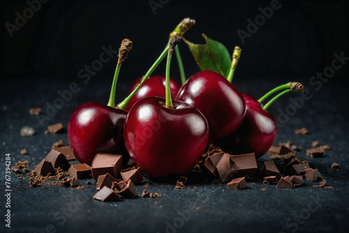 Cherry ai generated. Cherry with chocolate on dark background. Cherries with leaves. Choko on black background. Generative AI.