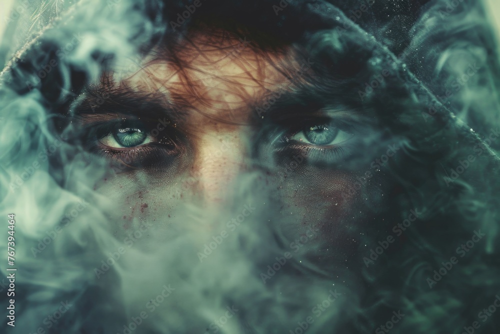 A woman with striking blue eyes is surrounded by swirling smoke, creating an aura of mystery and intrigue around her A woman with striking blue eyes is surrounded by swirling smoke, creating an aura of mystery and intrigue around her