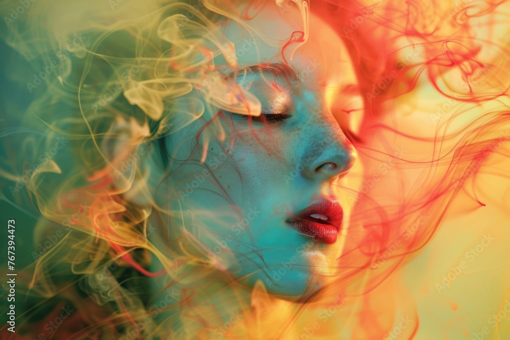 A woman stands with her eyes closed, feeling the gentle breeze in her hair as it moves gracefully in the wind A woman stands with her eyes closed, feeling the gentle breeze in her hair as it moves gracefully in the wind
