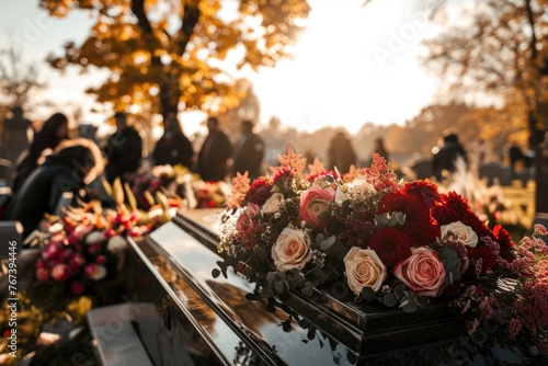 A cemetery with a black casket with flowers on top
