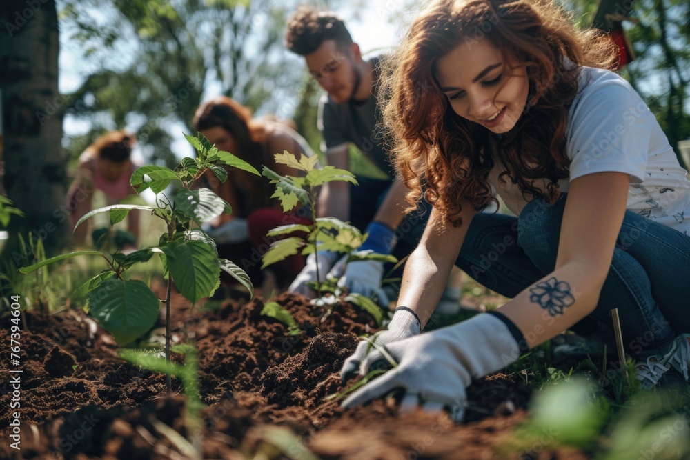 A diverse group of individuals collaborate in tending a garden, demonstrating teamwork, sustainability, and a shared love for nurturing plant life