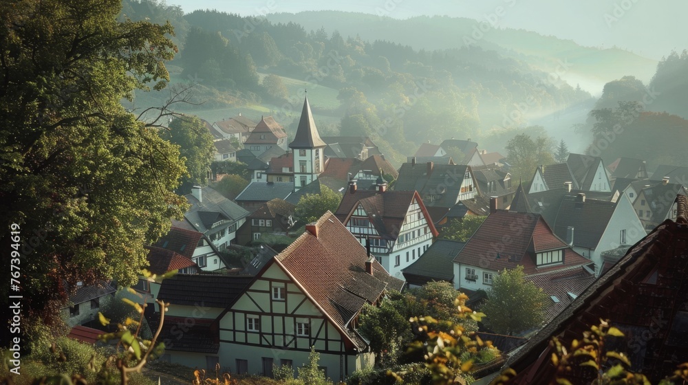 palatinate old historical village,Half-timbered houses, cobblestones, mountains, forest, 16:9 - obrazy, fototapety, plakaty 