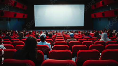 Blank wide screen in movie theater and people sitting on red chairs in movie theater. Blurred People silhouettes watching a movie performance