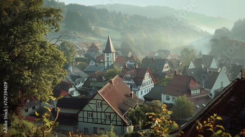 palatinate old historical village,Half-timbered houses, cobblestones, mountains, forest, 16:9 photo