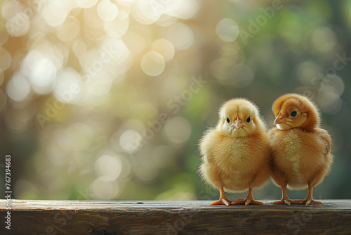 Two little chickens friend standing on wooden floor on blurred natural green background. Newborn small cute chicken. Traditional poultry farm. Organic farming, back to nature concept 