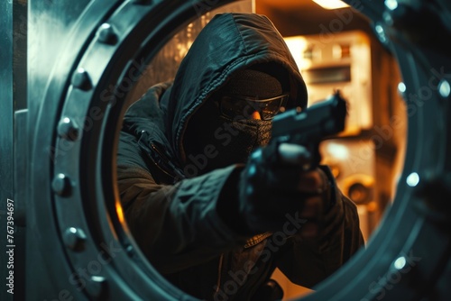 A man in a hoodie is holding a gun and looking through a window
