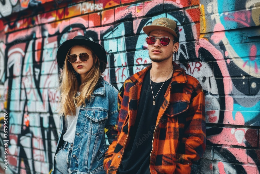 A stylish man and woman standing confidently in front of a vibrant graffiti wall, exuding urban coolness and artistic flair