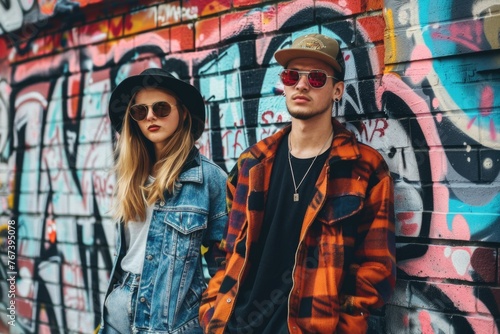 A stylish man and woman standing confidently in front of a vibrant graffiti wall, exuding urban coolness and artistic flair