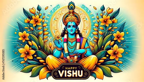 Illustration of greeting card for vishu with a lord krishna.