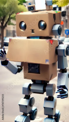 A whimsical cardboard robot with human-like limbs and blue joints walks on a city sidewalk, evoking a playful merge of low-tech and high-tech concepts photo