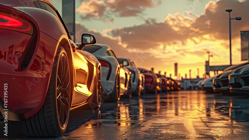 a row of modern cars displayed for sale on a car lot, set against a stunning sky background bathed in sunlight, presented in a photo-realistic, high-resolution style devoid of brand logos. photo
