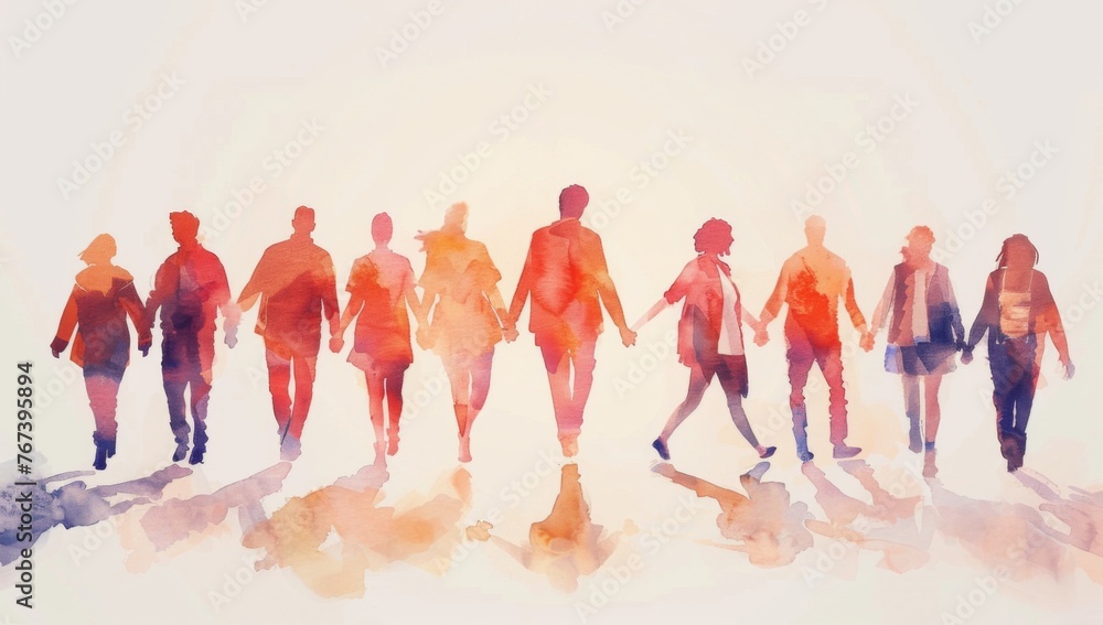 Naklejka premium A watercolor illustration of multiple people holding hands, walking towards the viewer in different poses and sizes Generative AI