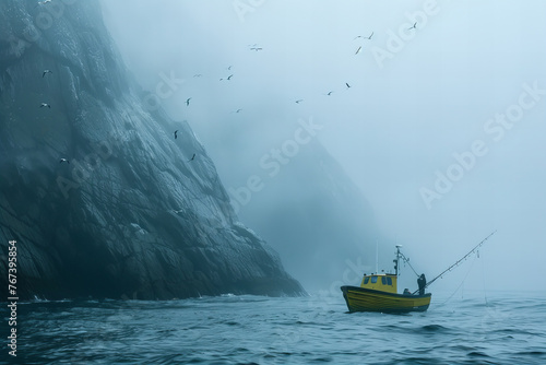 Misty Seascape with Solitary Fisher and Circling Birds Banner photo