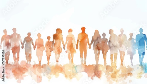 A watercolor illustration of multiple people holding hands, walking towards the camera on a white background Generative AI photo