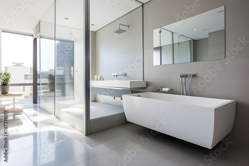 Stylish White Bathroom with Modern Fittings and Sunlight - Contemporary Interior Design Photography