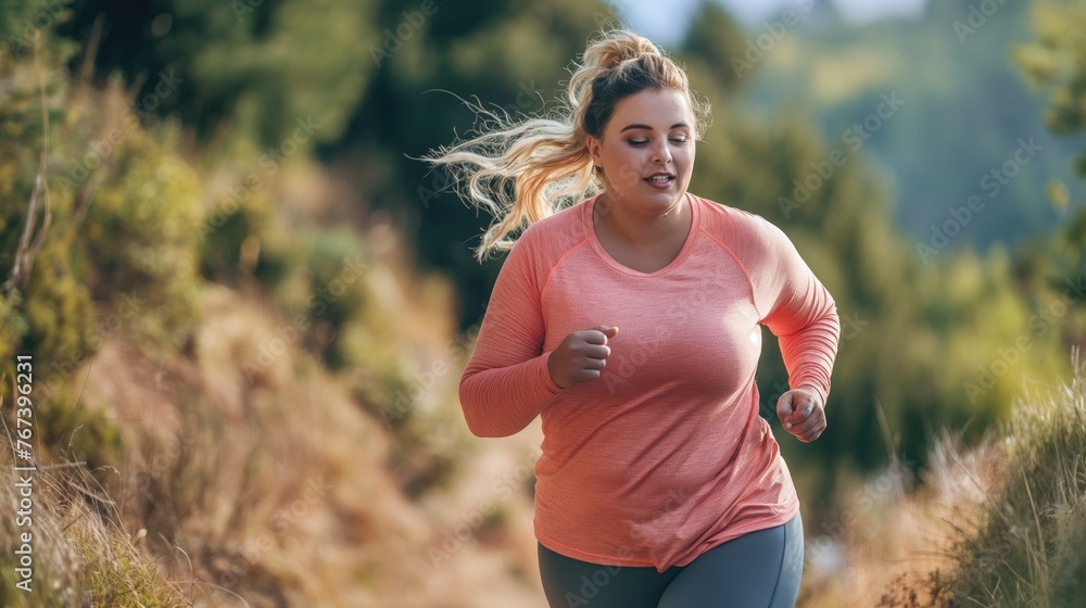 A plus-size woman in sportswear is running along a scenic nature trail, embodying health, strength and vitality. A plus-size woman in sportswear is running along a scenic nature trail, embodying health, strength and vitality.