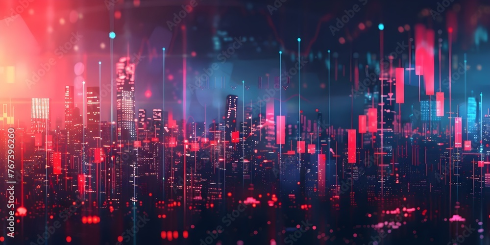 Abstract financial chart with city background representing currency trade and technology analysis in the financial market. Concept Financial Market Analysis, Currency Trading, Technology Trends - obrazy, fototapety, plakaty 