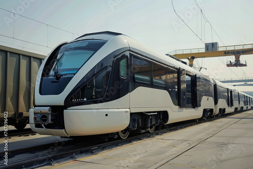 Sleek Modern Commuter Train Ready for Service: Transport Innovation Banner