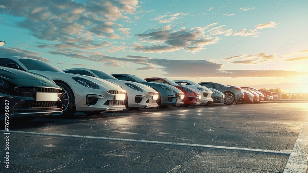 Obraz premium a row of modern cars displayed for sale on a car lot, set against a stunning sky background bathed in sunlight, presented in a photo-realistic, high-resolution style devoid of brand logos.