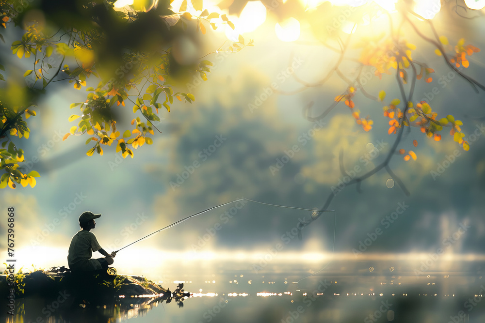 Serene Morning Fishing Adventure Under Golden Sunlight Banner - obrazy, fototapety, plakaty 