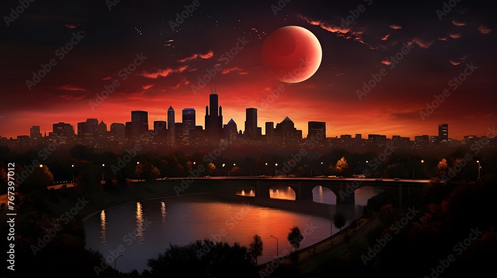 Panoramic view of the city at sunset with a red moon