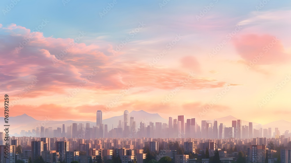Panoramic view of the city at sunset. Panoramic background
