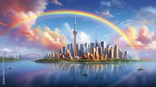 Toronto skyline panorama with rainbow over lake Ontario in Toronto, Canada