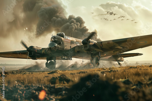 Epic Historical Battle Scene with Bomber Aircraft and Fiery Skies Banner