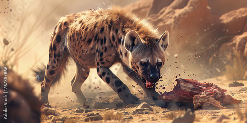 Savanna Scavenger: A Lone Hyenas Feast Amidst Dusty Plains Banner