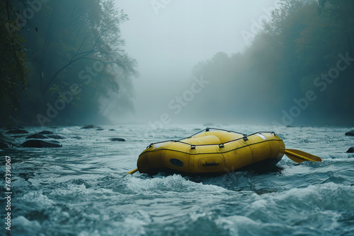 Solitary Yellow Raft on a Misty River Journey: Adventure Banner © Алинка Пад