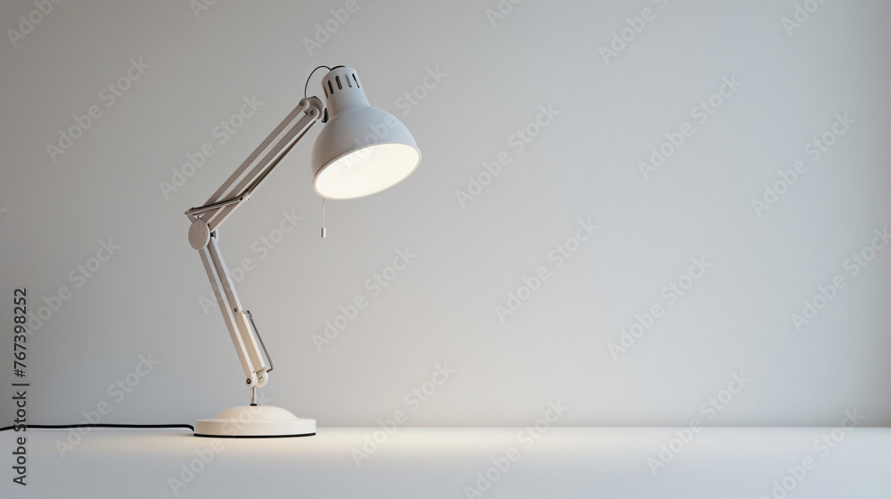 A modern minimalist desk lamp illuminated on a pure white background. - obrazy, fototapety, plakaty 