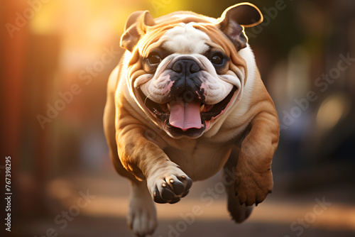 Running Bull Dog with motion blurred background, running bulldog