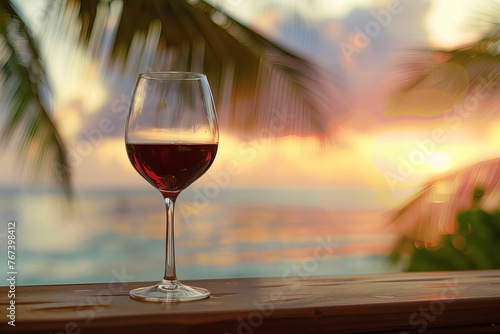 Tropical Paradise Sunset with Elegant Glass of Red Wine - Serenity Banner