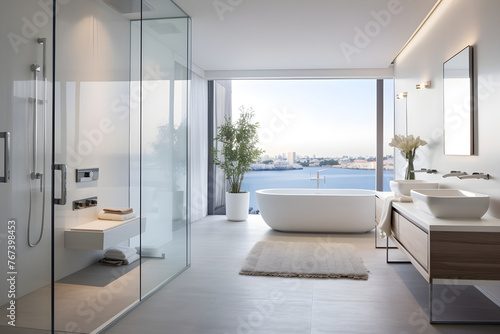 Stylish White Bathroom with Modern Fittings and Sunlight - Contemporary Interior Design Photography photo