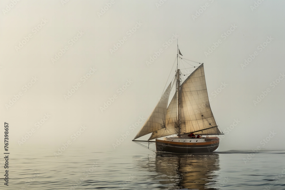 Sailing Into the Misty Horizon on Calm Waters - Serene Nautical Banner