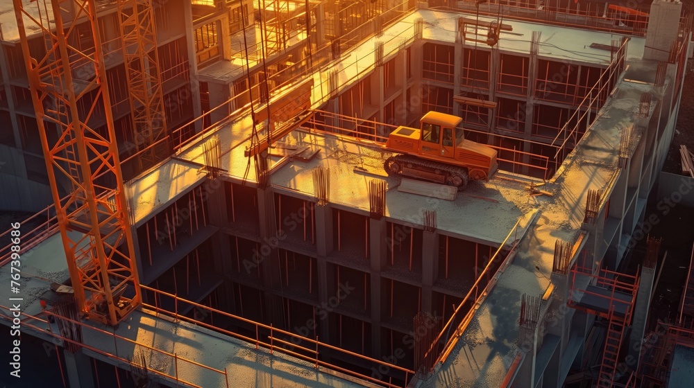 Fototapeta premium Construction site with scaffolding and industrial equipment. Renovating and construction concept
