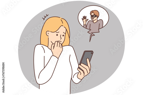 Scared woman frustrated with internet scam on cell