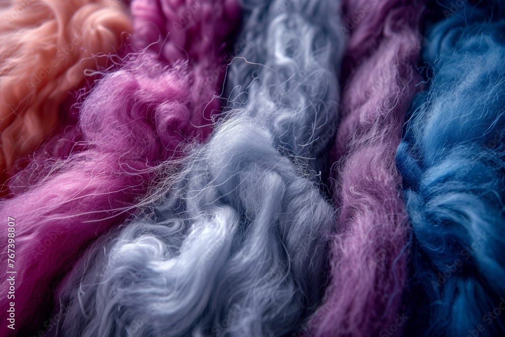 colorful wool fibers for fabric making - obrazy, fototapety, plakaty 