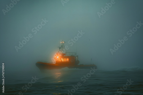 Mysterious Vessel Navigates Through Misty Seas at Dawn Banner