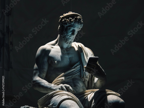 Ancient Greek sculpture of a man using smartphone