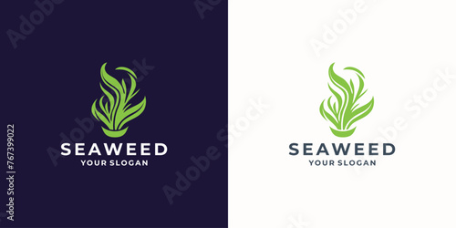 Seaweed Logo, Underwater Plant Vector, Simple Leaf Design, Illustration Template Symbol Icon photo