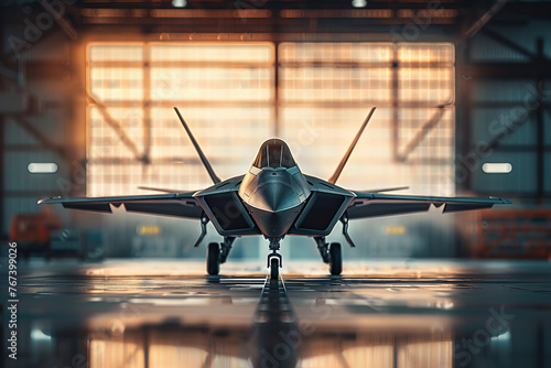 Advanced Stealth Fighter Jet Poised for Takeoff in Hangar: An Impressive Engineering Banner