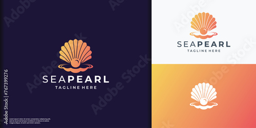 Sea shell vector logotype. Opened shell with orange color inside. Great logo for beauty shop, see food restaurant, jewelry, cosmetics. photo
