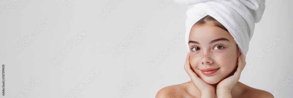 A girl with a towel on her head on a white isolated background. A banner with a place for the text. a poster for advertising the presentation of a cosmetics product, or facial skin care A girl with a towel on her head on a white isolated background. A banner with a place for the text. a poster for advertising the presentation of a cosmetics product, or facial skin care