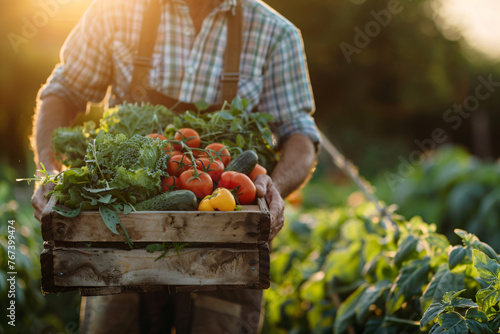 Man farmer with basket full of fresh vegetables in his hands. Agriculture and gardening concept. Bio products grown by yourself, vegetarians. Autumn harvest and healthy organic food