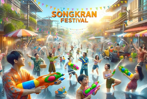 Illustration of the songkran festival with happy people spraying water.