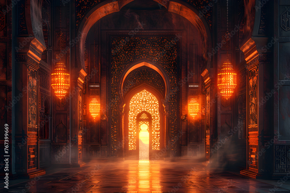 An abstract Islamic interior with a lantern, gate, arches, and door, suitable for greeting cards, banners, and invitations for Muslim holidays
