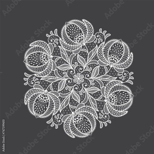 Round llace decoration element.White lace flowers.Vector handmade white lace branches with flowers.