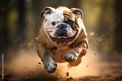 Running Bull Dog with motion blurred background, running bulldog