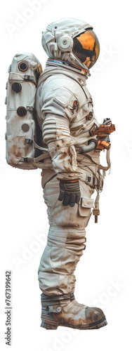 A man in a white space suit is standing in front of a white background. He is holding a gun and has a backpack on his back. The image has a futuristic and sci-fi vibe to it